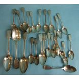 A collection of Victorian Exeter silver fiddle pattern spoons, comprising: three tablespoons, four
