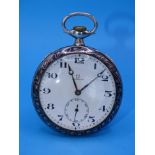 Omega, an early-20th century niello-cased open-face keyless pocket watch, the white enamel dial with