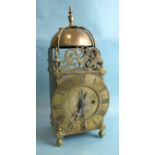 A late-19th/early-20th century brass lantern clock with single fusée movement, 37cm high.