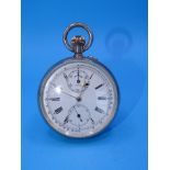 An early-20th century Swiss silver-cased keyless chronograph, the white enamel dial with Roman