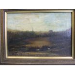 19th century English School SWANS IN A RIVER AND LANDSCAPE WITH CHURCH SPIRE IN THE DISTANCE Oil