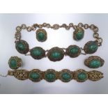A Chinese silver-gilt filigree parure set aventurine quartz cabochons, marked Silver and