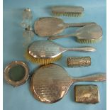 Various silver-backed dressing table items, a silver-mounted trinket pot and other small silver.