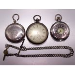 Three silver-cased pocket watches, (all a/f) and a watch chain, (4).