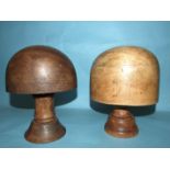 A vintage milliner's wooden hat block stand on turned base, incised V127 23, block 20 x 17cm, 12.5cm