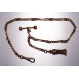 A 15ct gold fancy-link Albertina watch chain with unmarked tassel, length shackle to T-bar 32.5cm,