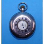 Omega, a silver-cased half-hunter keyless pocket watch, the white enamel dial (cracked and