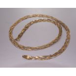 A 9ct gold six-strand tri-colour necklace, 40.5cm, 4.1g, (a/f).