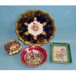 A Crown Derby shaped lidded box and cover in Imari colours, an Aynsley blue and gilt floral plate