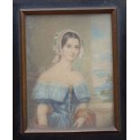 A Victorian rectangular portrait miniature of a young woman in a blue dress and bonnet with a