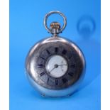 A Swiss silver half-hunter-cased keyless pocket watch, the white enamel dial with Roman numerals and