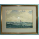 J Aitken SAILING VESSEL ON A LIVELY SWELL Signed watercolour, 31.5 x 47cm, (foxing in sky area).
