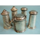 A five-piece silver cruet set of plain cylinder form, Sheffield 1936, total weight ___12oz.