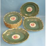 A Royal Worcester green-ground dessert part-service, printed and painted with panels of flowers,