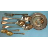 A George III silver tablespoon, London 1796, a Victorian tablespoon, a pair of Georgian berry