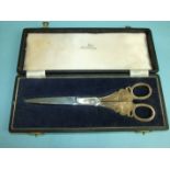 A pair of cased Walker & Hall ceremonial scissors, the engraved silver handles bearing the