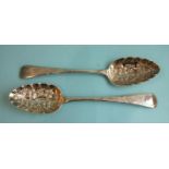 A pair of George IV silver berry spoons, London 1826, maker WB, probably William Bateman II, ___4oz.