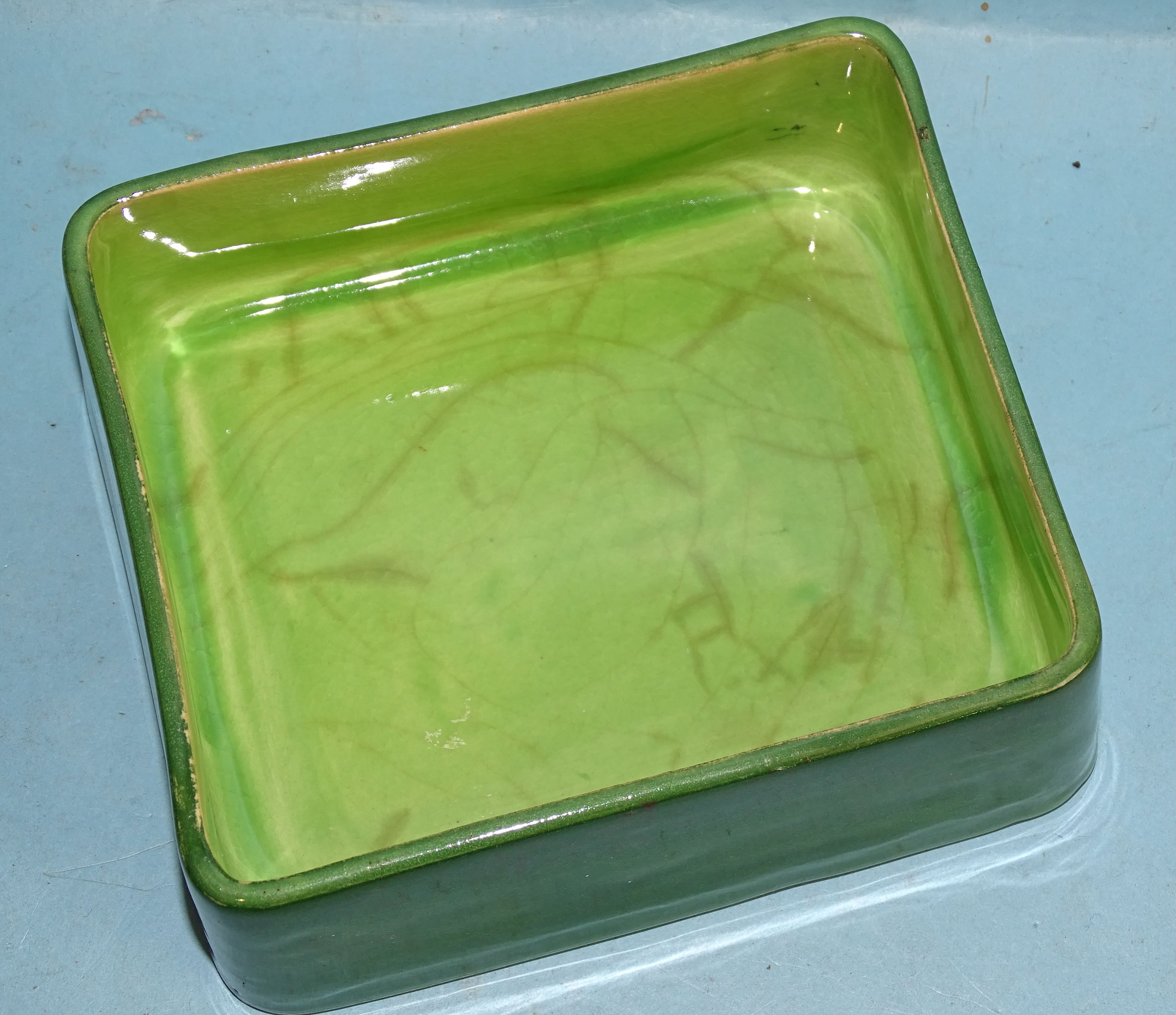 A Moorcroft for Liberty & Co. flamminian ware green-glazed rectangular box and cover, with handle - Image 2 of 3