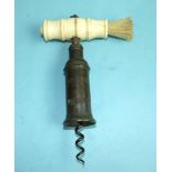 A Thomason-style double-action corkscrew with bronze cylinder, (label lacking), spiral wire helix,