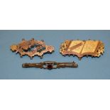 Two Victorian 9ct gold "Mizpah" brooches and a small bar brooch, 6.4g.