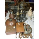 Three Eastern brass coffee pots, an Arts & Crafts copper hinged lid box, inscribed Made from old