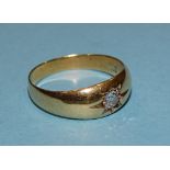 A Victorian gold gipsy ring, set old brilliant cut diamond of approx 0.2cts, (teats as 18ct gold