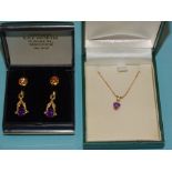 A 9ct gold pendant set heart shaped amethyst and diamond point on gold fine curb link chain, a