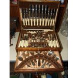 A plated six-piece setting canteen of cutlery contained wooden fitted box, 79 pieces.