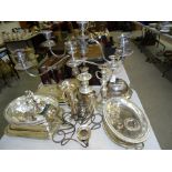 Three various plated two-branch chandeliers, various plated entree dishes, an epergne and other