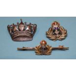 A 9ct Gold royal Navy sweetheart brooch, 3.6g, a silver and enamel RNR brooch and a silver Royal