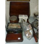 A wooden stationery rack, a golden wooden cased travelling chess set, other wooden items, a modern