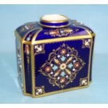 A Sèvres tea caddy with enamelled and jewelled decoration, on a blue ground, 7.5cm high, (no lid).