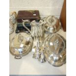 A pair of plated entrée dishes and covers, one other, a plated table lighter 15cm high, six each