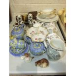 Ten pieces of ceramic tea ware decorated blue and yellow with exotic birds and foliage, a pair of