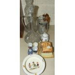 A pair of cut-glass ship's decanters and stoppers 35.5cm, a Keele St pottery cottage butter dish and