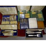 A cased set of mother-of-pearl-handled plated fish servers, one other pair, other cased cutlery