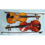 A Russian 3/4-size violin with Chinese bow, in case and another copy Stradivarius 3/4-size violin