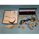 A necklace of simulated pearls with 9ct gold clasp, a pair of filigree earrings and a quantity of