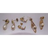 Two pairs of cultured pearl and 9ct gold drop earrings and a pair of 9ct gold multi-gem-set