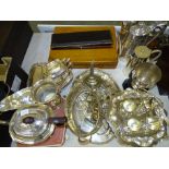 A cased set of twelve each plated fish knives and forks, a plated wine funnel, a plated eggolier (