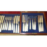 A cased set of twelve each mother-of-pearl-handled dessert knives and forks, a collection of