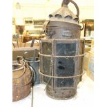 A metal candle lantern with green glass windows, 47cm high, an iron glue pot, various metalware