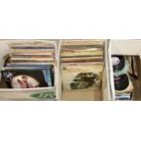 A collection of various LP and 45RPM records, the contents of three boxes.