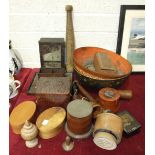 Various wood boxes, butter pats and other wooden items.