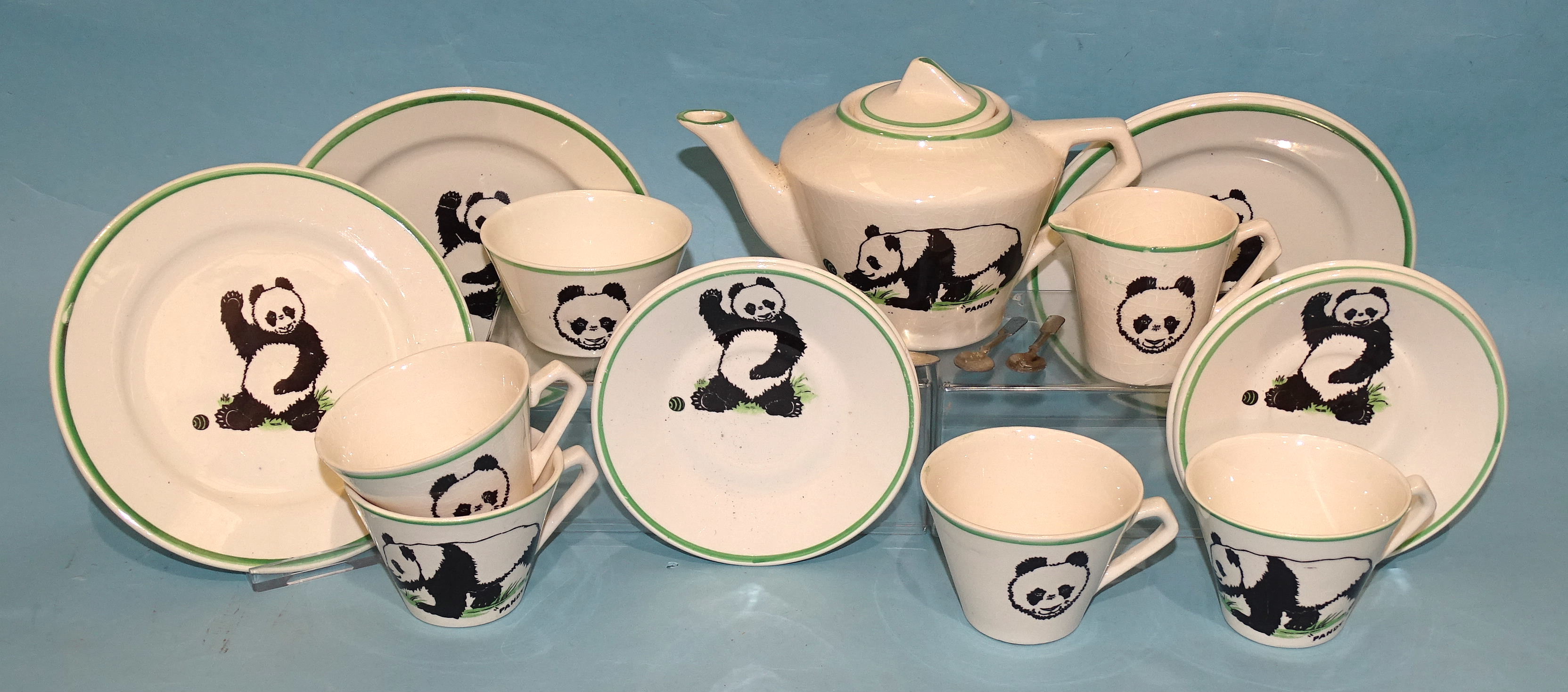 A child's Wade Heath "Pandy" tea set decorated with a panda, comprising: teapot, sugar bowl, milk