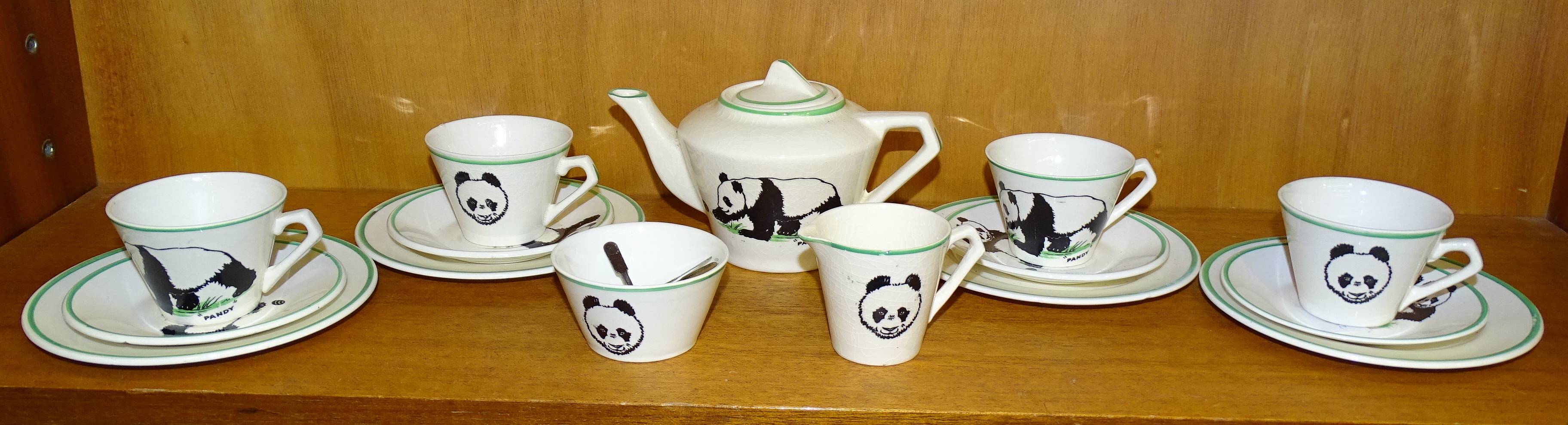 A child's Wade Heath "Pandy" tea set decorated with a panda, comprising: teapot, sugar bowl, milk - Image 2 of 3