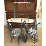 Four alloy garden chairs, a cast iron garden table base with marble top and another garden table.