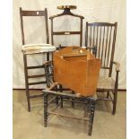 A beech wood deportment or artist's chair, a stick-back armchair with cord seat and other items.