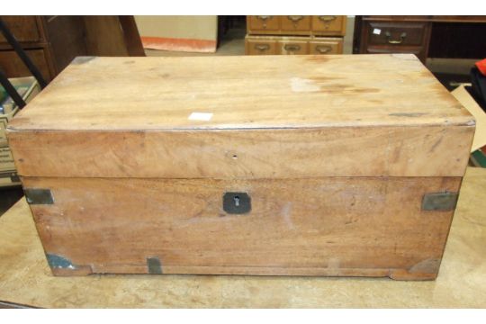 A miniature brass-bound camphor wood trunk, 56cm wide, 23cm high, (some bindings lacking).