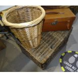 A leather-bound trunk, 92cm long, a wicker hamper and other items.